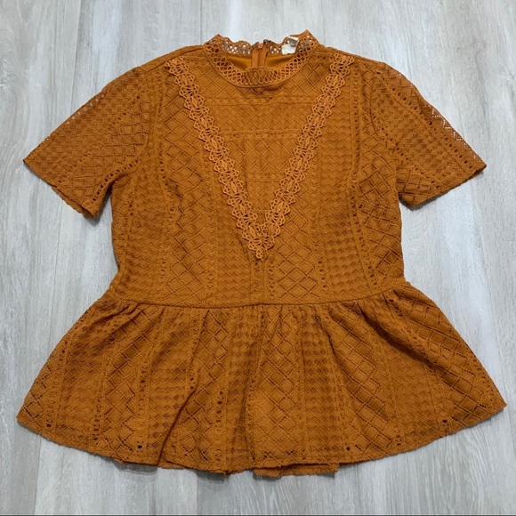 Anthropologie Tops - ⭐ 5 for $10 - Anthropologie Sandy & Sid Mustard Lace Peplum Top Blouse Sz M